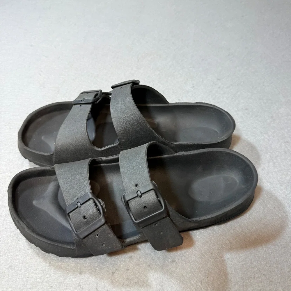 Black EVA Slip On Sandals Size L 9 10 Adjustable‎ Buckle Comfort Beach Pool cas